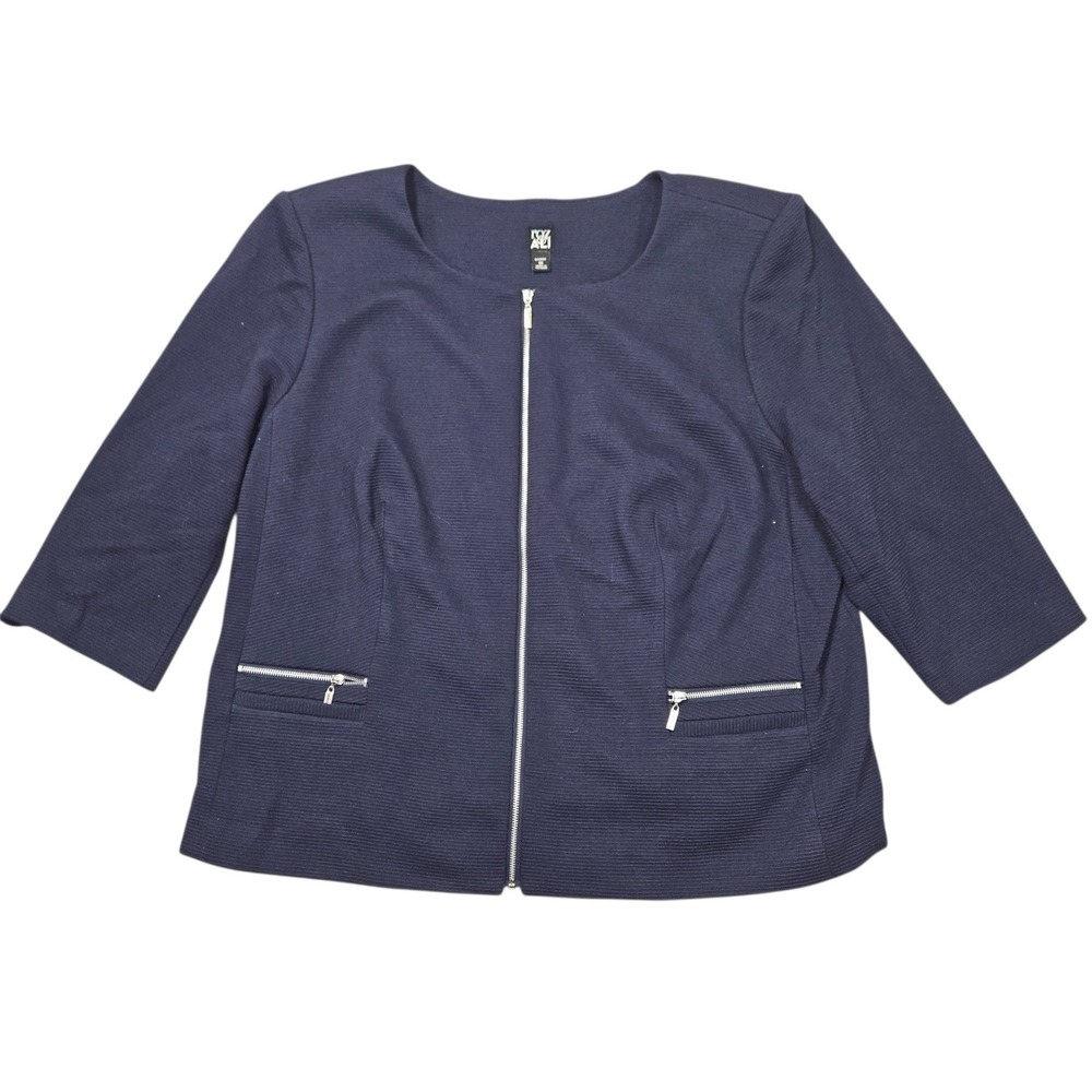 Roz & Ali Modern Zip Front Textured Knit Jacket Navy Blue Sz 1X